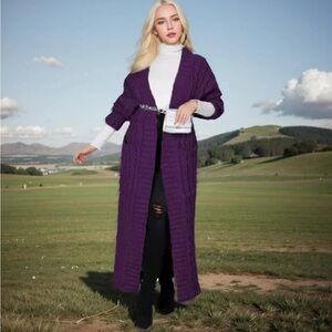 Long Cable-Knit Cardigan / Duster – Purple